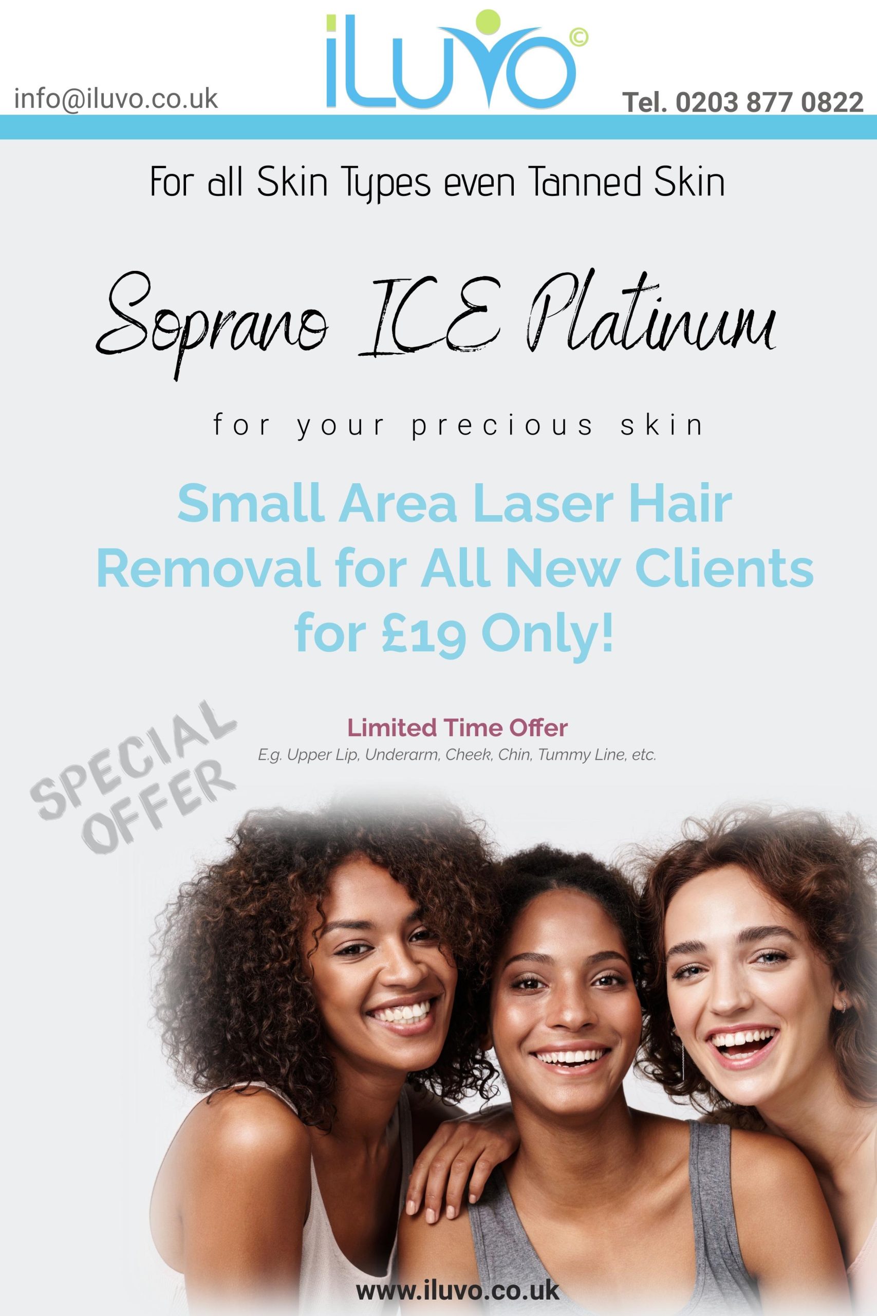 iLuvo Beauty Special Offer discount marketing poster for multi-ethnic skin tone laser hair removal technology with soprano ICE Platinum. 